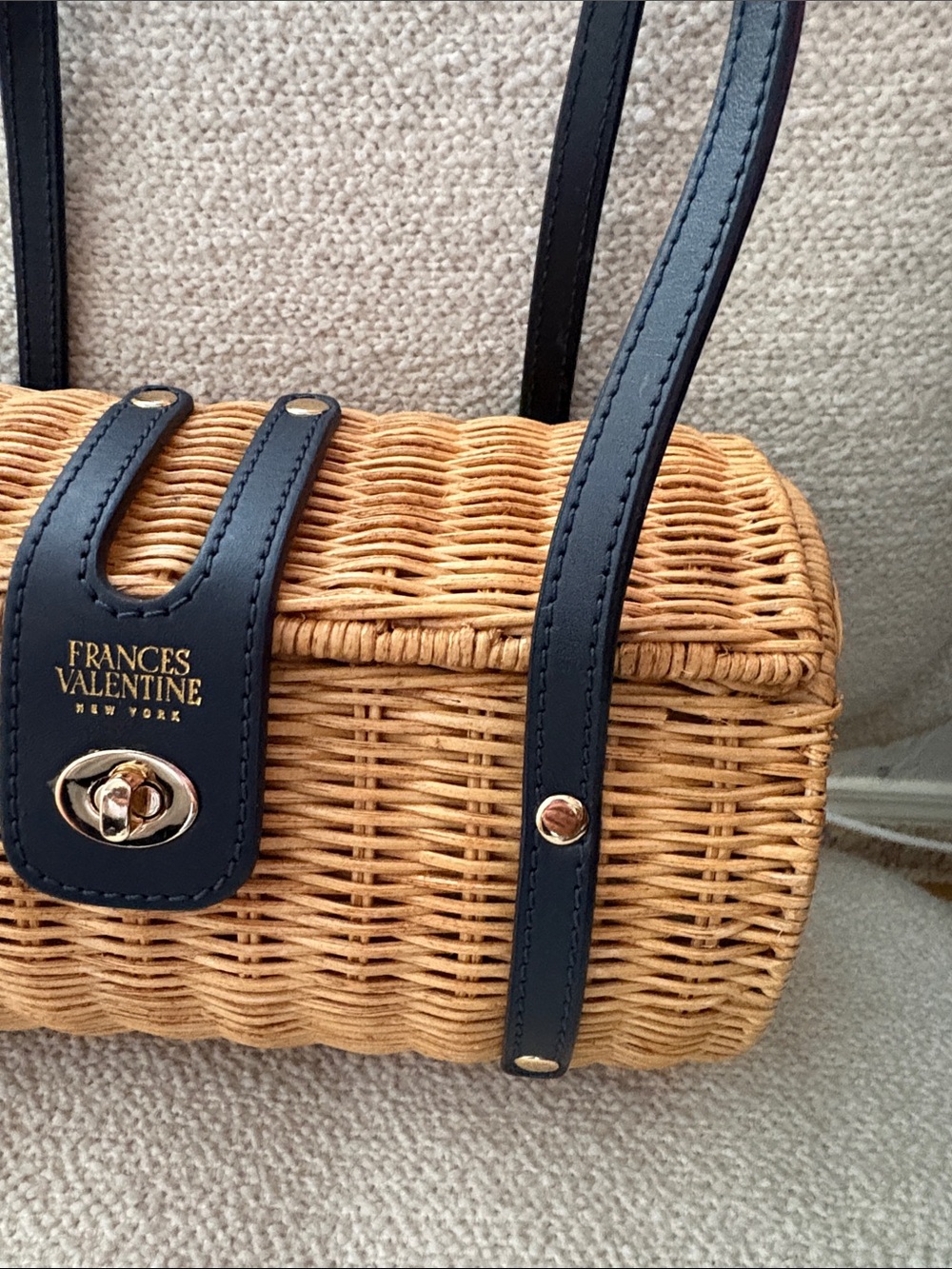 Frances Valentine Wicker Mini Barrel Bag with Black Leather Trim - Picture 4 of 6